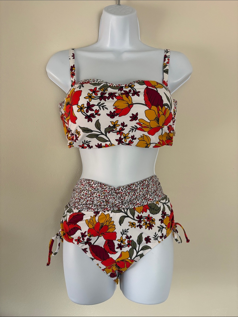 La Vie En Rose White Floral High-Waist Bikini with Red & Yellow Flowers